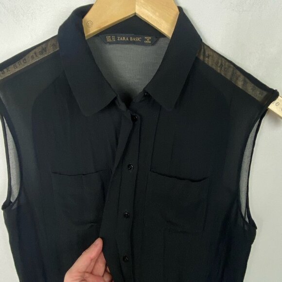 Zara Playsuit Black Button Front Romper Pockets Size XS Minimalist Sheer Minimal - Picture 6 of 15